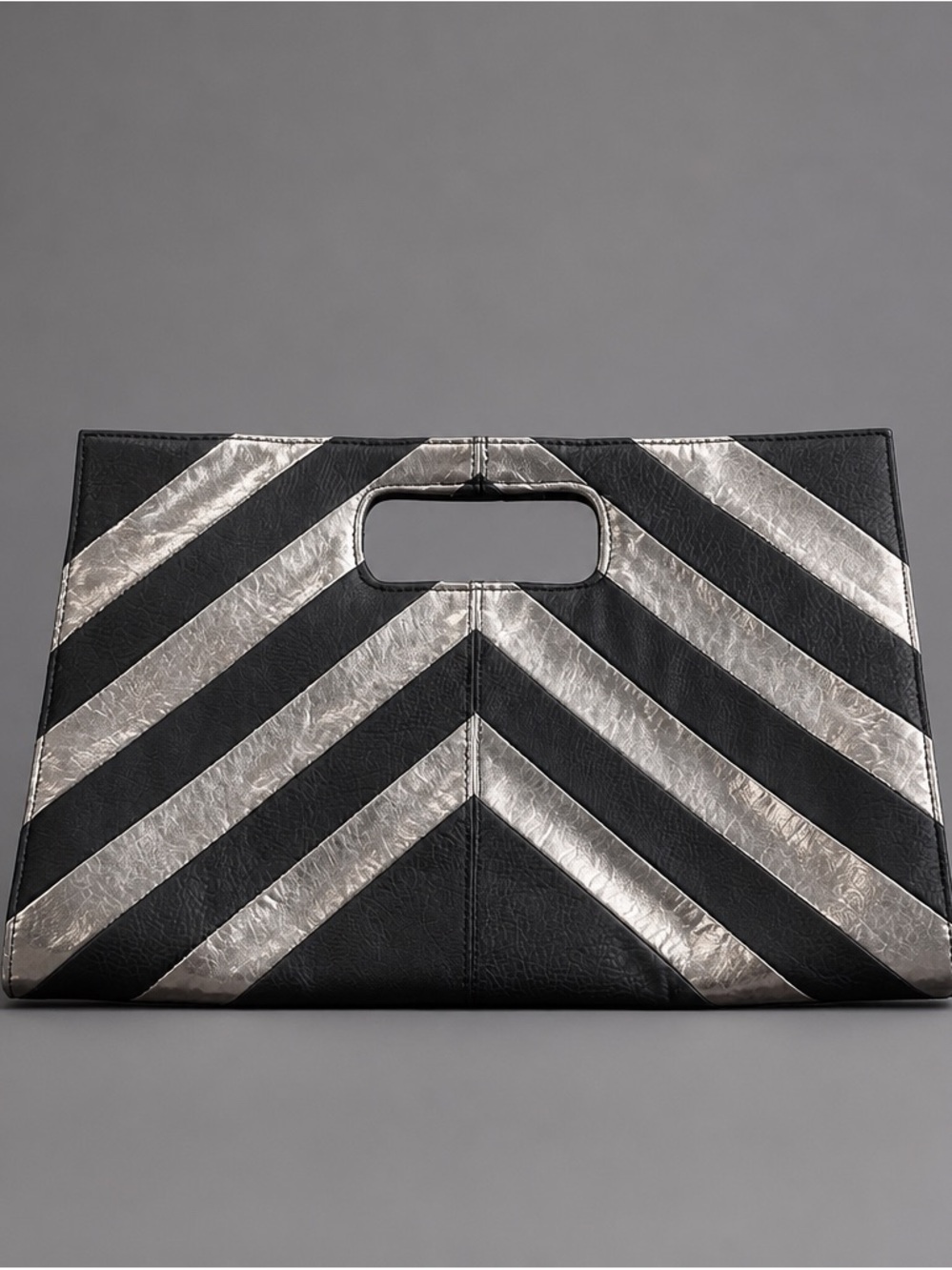 Versona Black & Metallic Silver Chevron Cutout Clutch